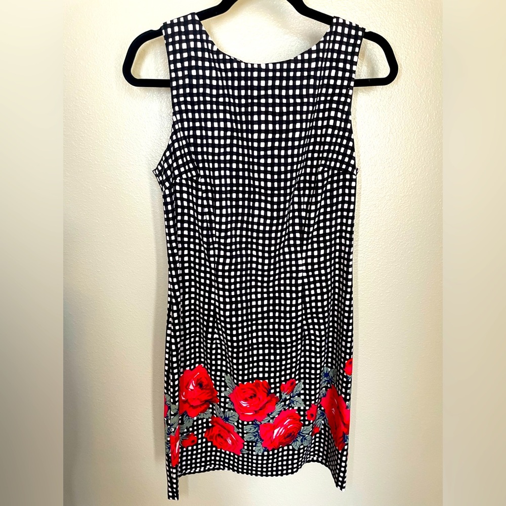 Black and white plaid dress with red poppy details